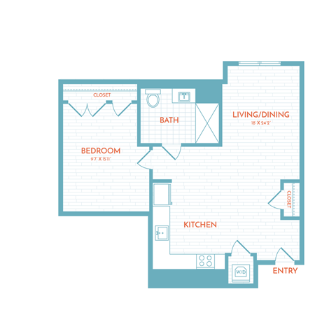 Floor plan for 1 bed, 1 bath, 677 sqft